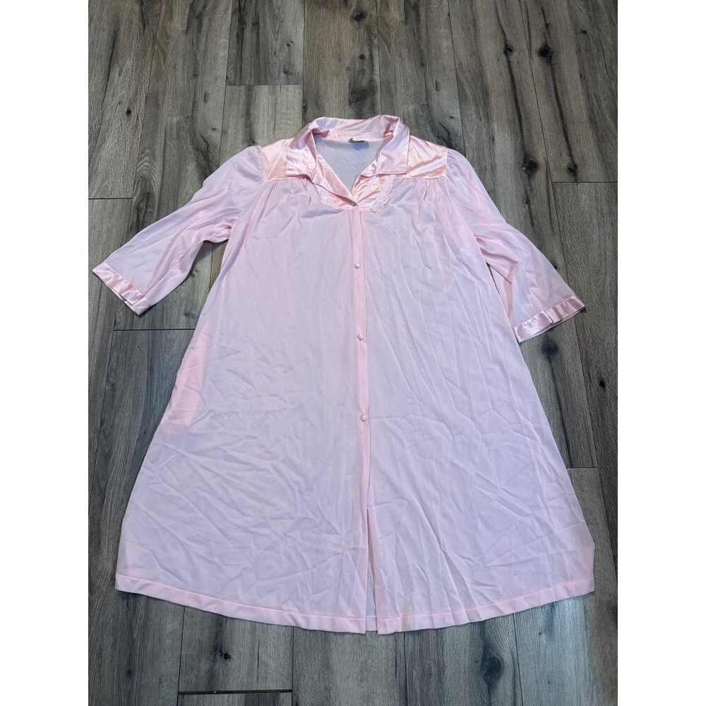 Vanity Fair Pink Long-Sleeve Button-Up Nightgown Housecoat XL Pocket